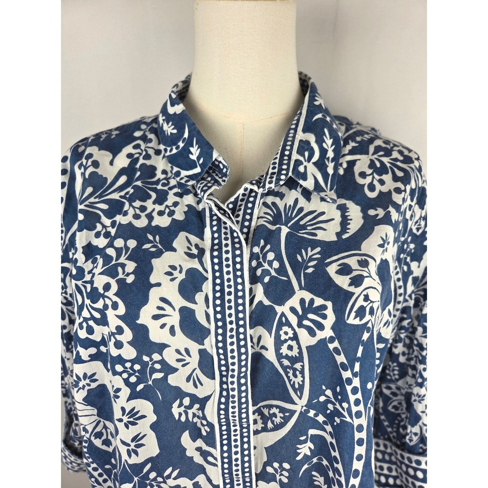 Gretchen Scott Button Down Shirt XL Blue White Floral Cotton Contrast Cuffs - Picture 4 of 11